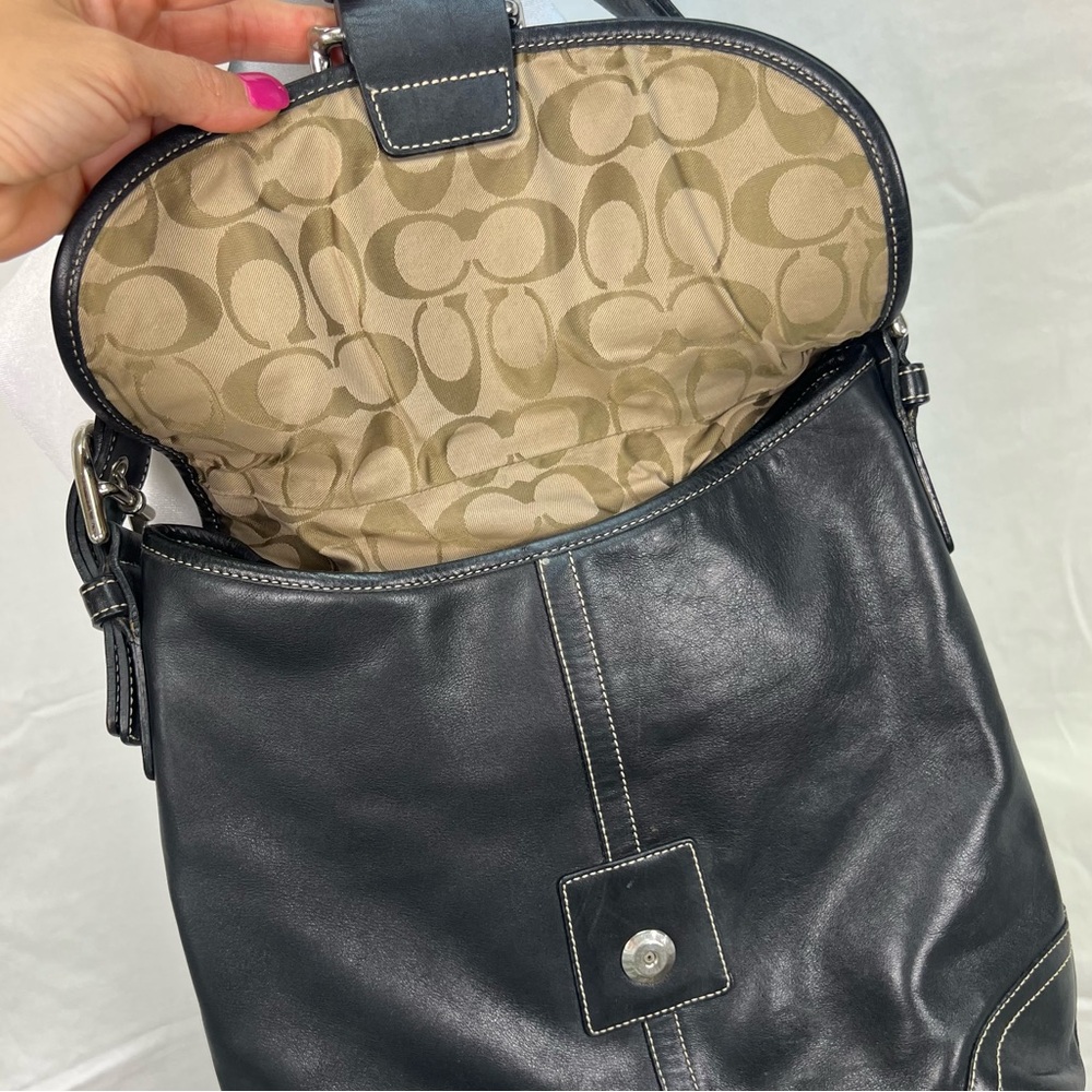 Coach black leather shoulder bag with adjustable strap and silver hardware. - Picture 6 of 11